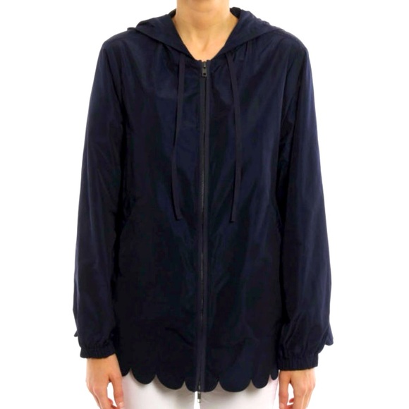 NWOT RED VALENTINO NAVY BLUE SEMI GLOSSY NYLON FLARED SCALLOPED EDGE ZIP JACKET - Picture 3 of 15